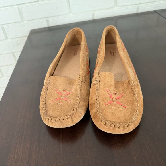 UGG Chestnut Suede Moccasin Flats with Pink Accent - Picture 3 of 8